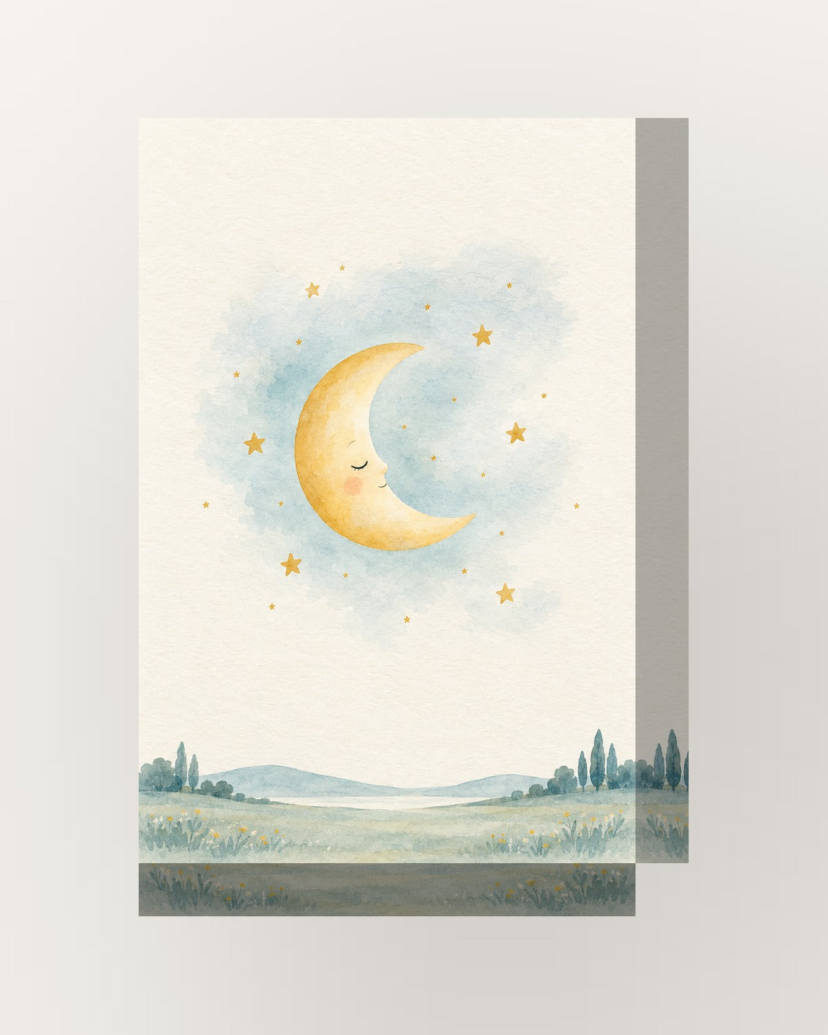 Lua e estrelas · Aguarela · quadro bebé — acabamento:thick