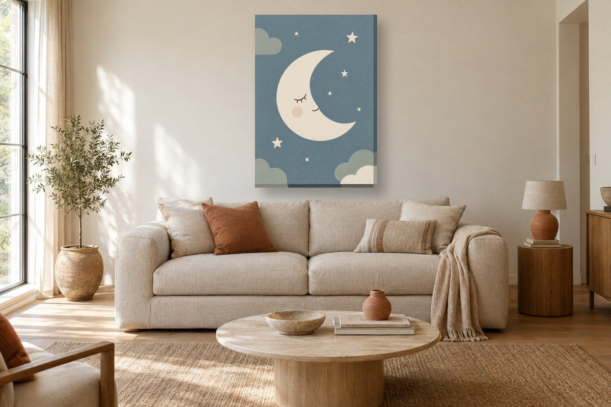 Lua e estrelas · Minimalista · quadro bebé — bebe-lua-e-estrelas-minimal_ver_70x100_sala