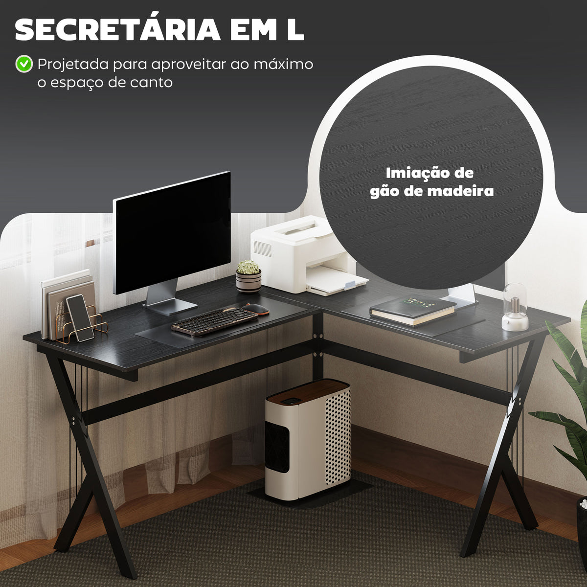 Secretária de PC Computador tipo Secretária para Gabinete - Cor: Preto - MDF E1 e Ferro Revestido a Pó - 155 x 130 x 76 cm — foto 5