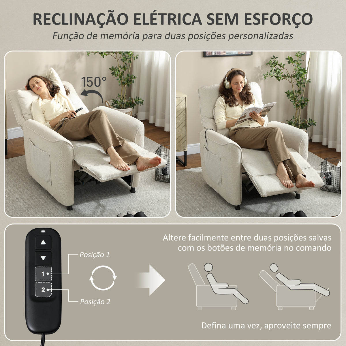Poltrona de Massagem Relax com Aquecimento Lombar e Massagem por Vibração Poltrona Reclinável Elétrica Motor Silencioso Função de Memória Bolsos Laterais Controle Remoto 88x93x102 cm Creme — foto 5