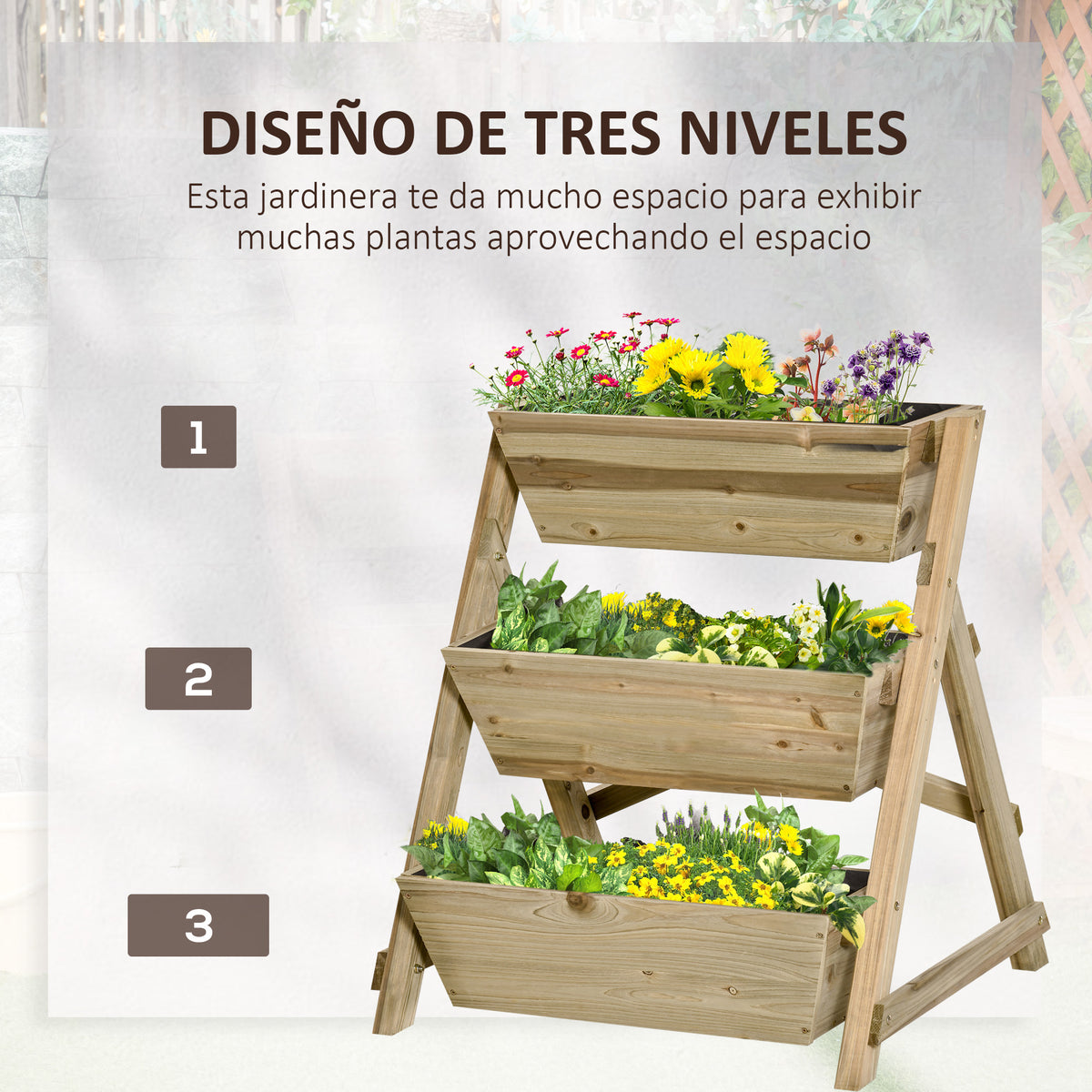 Horta de Escada de 3 Níveis Horta de Madeira com Tecido não tecido e Orifícios de Drenagem Horta para Plantas Flores Ervas 71x61x77cm Madeira Natural — foto 4