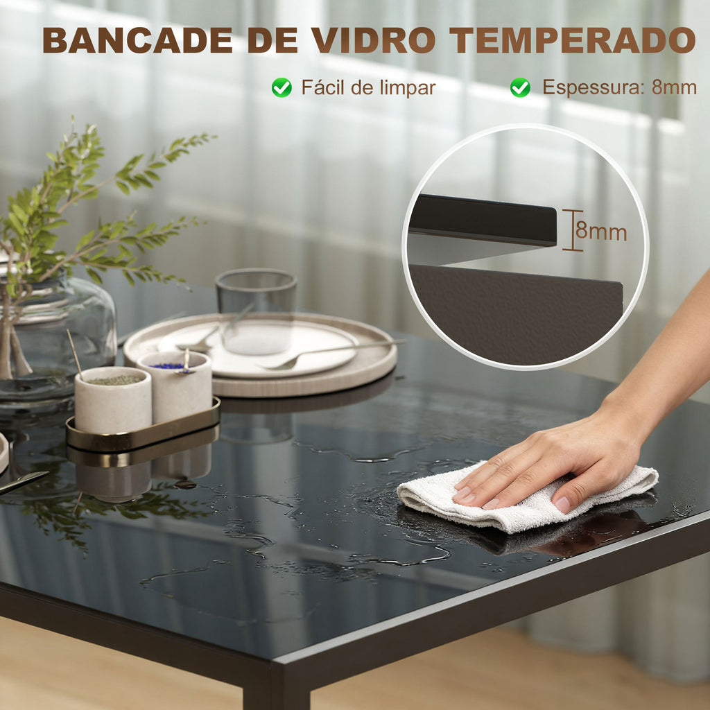 Mesa de Refeição de Vidro Mesa Retangular para 6 Pessoas com Pés de Metal Multifuncional para Cozinha ou Sala 140x80x75 cm Preto — foto 4