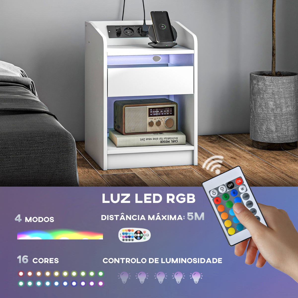 Mesa de Cabeceira com Luzes LED Mesa de Cabeceira com Gaveta Prateleira Estação de Carregamento Entrada USB e Controlo Remoto 40x40x58 cm Branco - Modelo 1 — foto 4