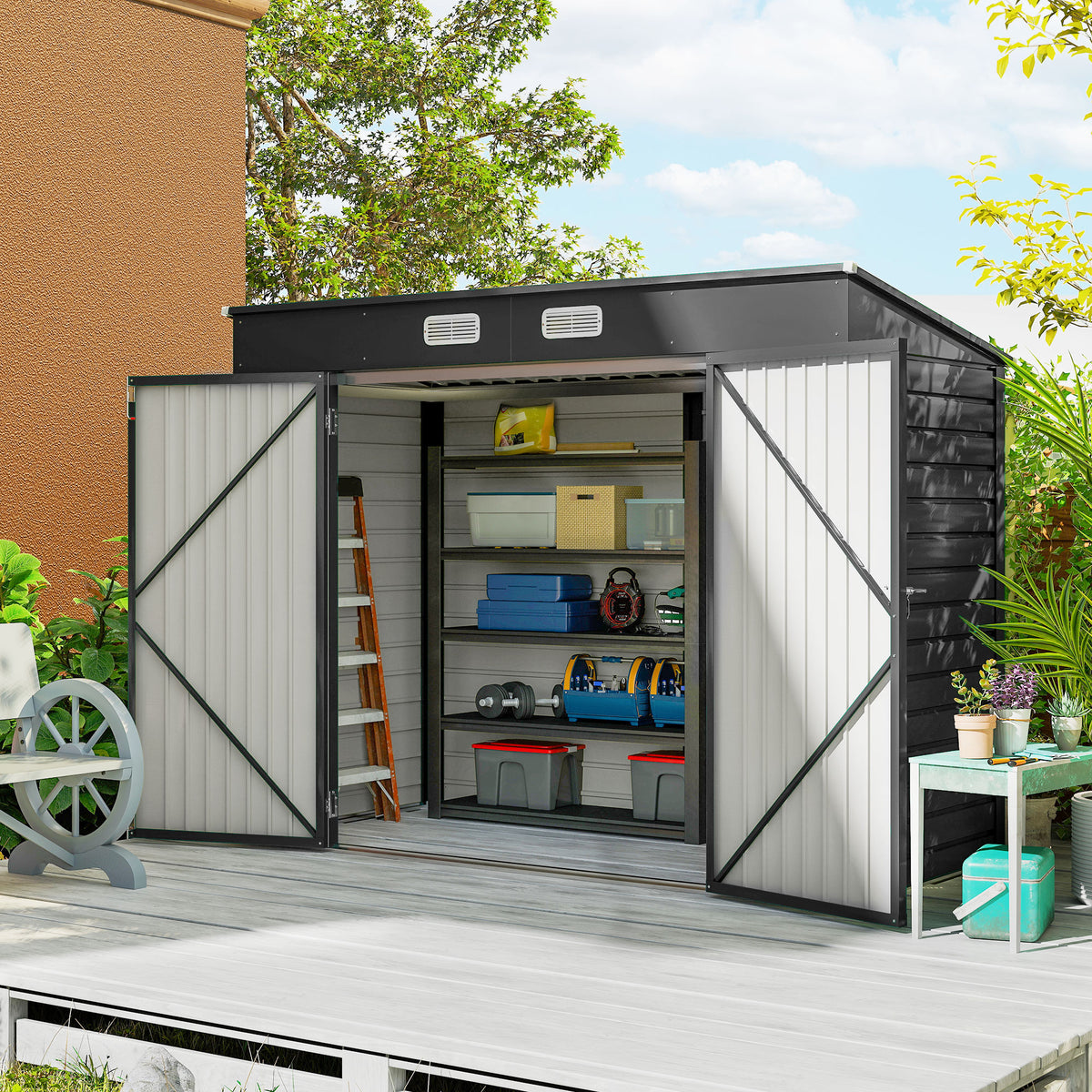 Abrigo de Jardim 2,7m² 249x121x183 cm Abrigo de Exterior com Porta Dupla 2 Ventilaç4oes e Trava Abrigo para Pátio Cinza — foto 2