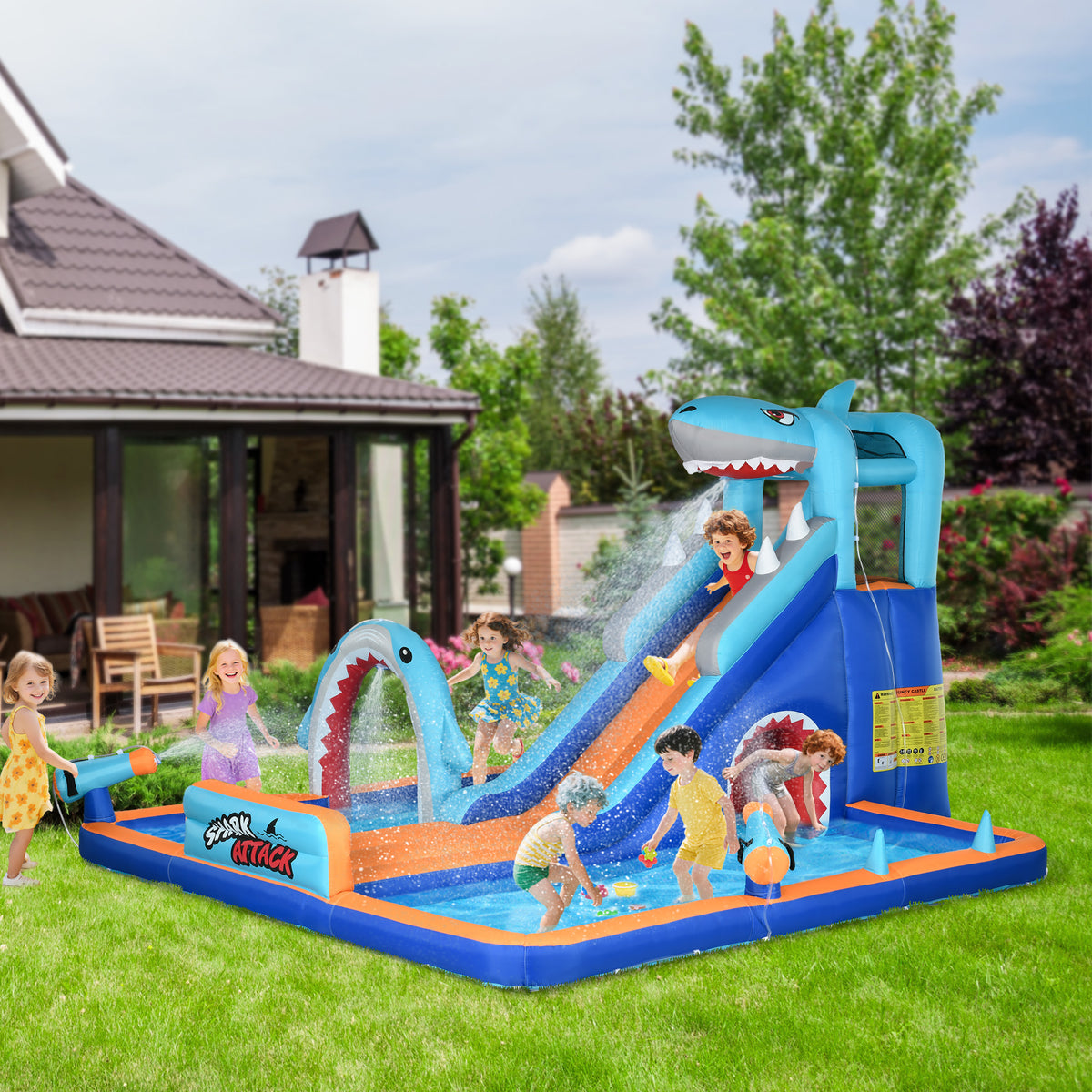 Castelo Insuflável Infantil 6 em 1 Castelo Insuflável para Crianças com Escorrega Piscina Parede de Escalada Canhão de Água e Bolsa de Transporte 440x350x240 cm Multicolor — foto 2