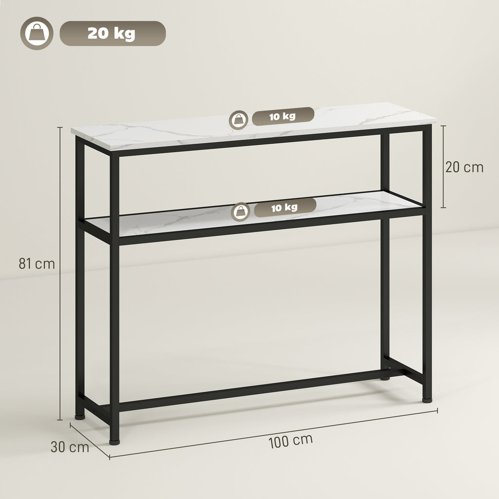 Mesa Consola Moderna Consola Estreita com Superfície com Efeito Mármore Prateleira Aberta e Estrutura de Metal Consola de Sofá para Entrada Sala de Estar 100x30x81 cm Branco — foto 3