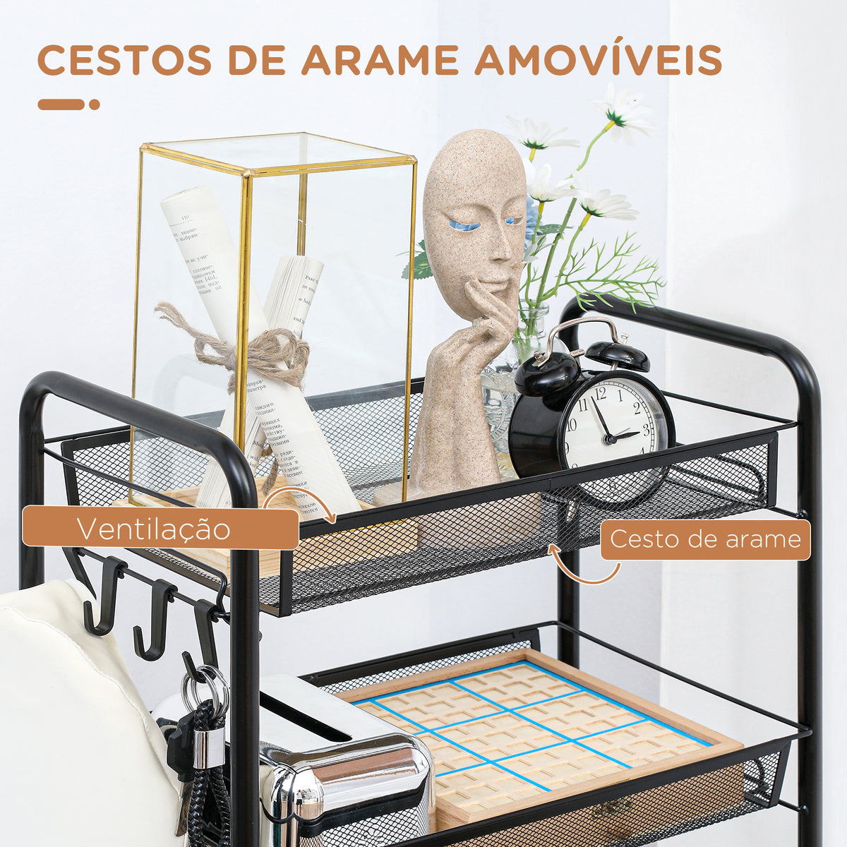 Carrinho Auxiliar com Rodas Carrinho de Cozinha de 5 Níveis com Cestos de Malha Removíveis e Estrutura de Aço para Sala de Estar Casa de Banho Sala de Jantar Escritório 45x26,5x106 cm Preto — foto 5