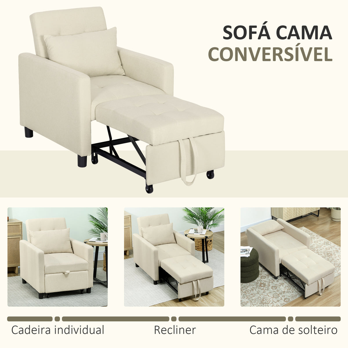 Sofá Cama Individual Poltrona com 4 Rodas Encosto Reclinável Almofada Extra e Assento Acolchoado Carga 100 kg para Escritório Dormitório Sala de Estar 69x82,5x84 cm Bege — foto 4
