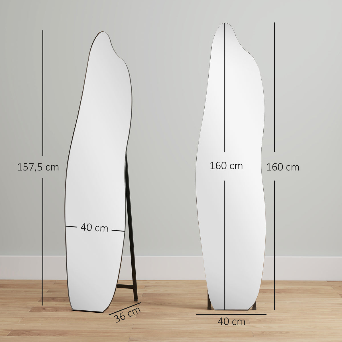 Espelho de Pé 160x40 cm sem Moldura Espelho de Corpo Inteiro Forma Irregular com Suporte Metálico Montagem no Chão ou Apoiado na Parede para Sala Entrada e Quarto Preto — foto 3