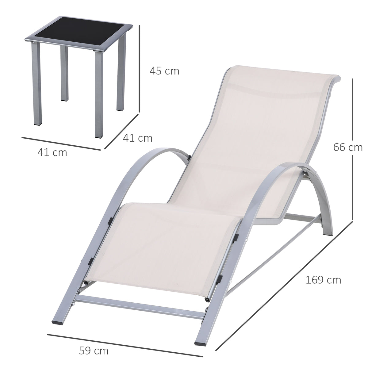 Conjunto de 2 Espreguiçadeiras de Jardim 59x169x66 cm com Mesa 41x41x45 cm Vidro Temperado Apoio de Braços para Pátio Piscina Varanda Bege — foto 3