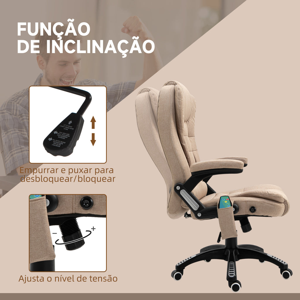 Cadeira de Massagem com 6 Pontos de Massagem Cadeira de Escritório Reclinável até 130° com Função de Aquecimento Altura Ajustável e Rodas para Estúdio 68x72x110-120 cm Marrom Claro — foto 6