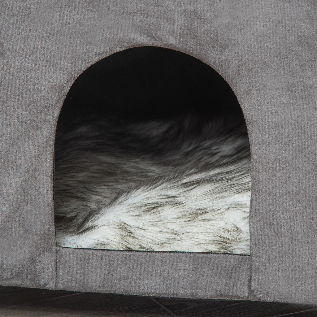Caverna para Gatos 2 em 1 Banco para Apoio dos Pés com Tampa Removível Orifício de Entrada Almofada Lavável e Pés Elevados de Madeira para Interior 60x45x44,5cm Cinza — foto 8