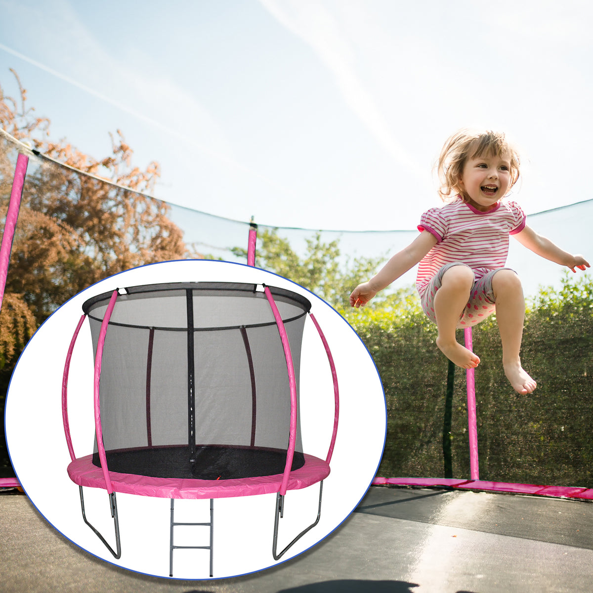 Trampolim de Jardim Φ244cm Trampolim para Crianças e Adultos com Rede de Segurança Cobertura nas Bordas e Escada para Exterior Rosa — foto 2