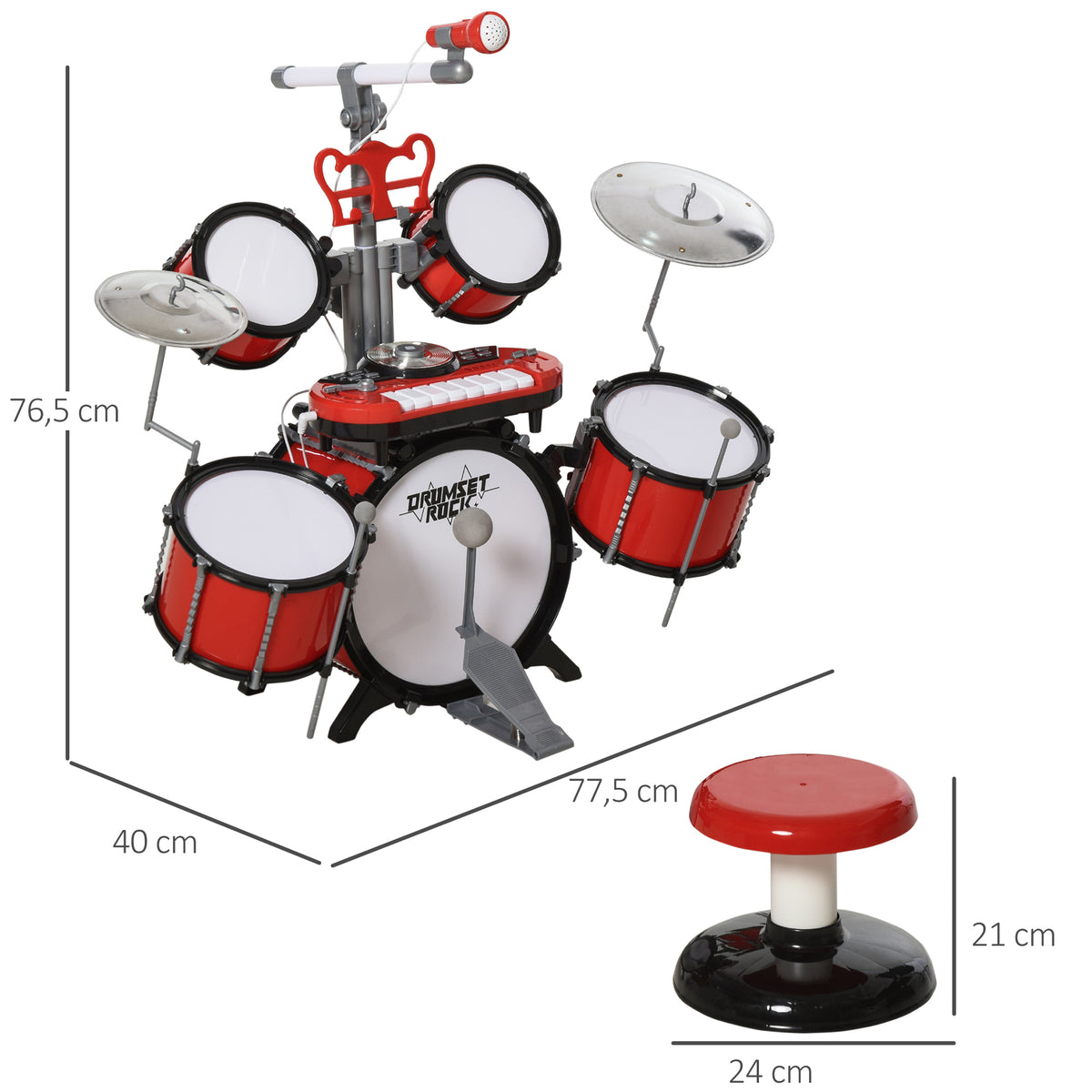 Kit de bateria infantil para crianças acima de 3 anos com tamborete microfone Pratos teclado e vários efeitos de DJ 77,5x40x76,5 cm Vermelho — foto 3