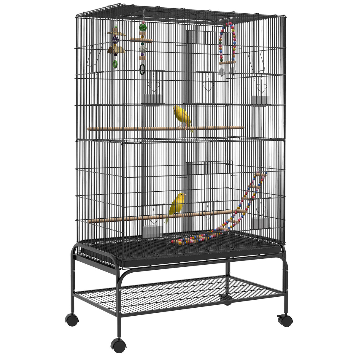Gaiola para Pássaros com Rodas Comedouros Poleiros Prateleira Inferior Bandeja Removível 97x58x160 cm Preto — foto 1