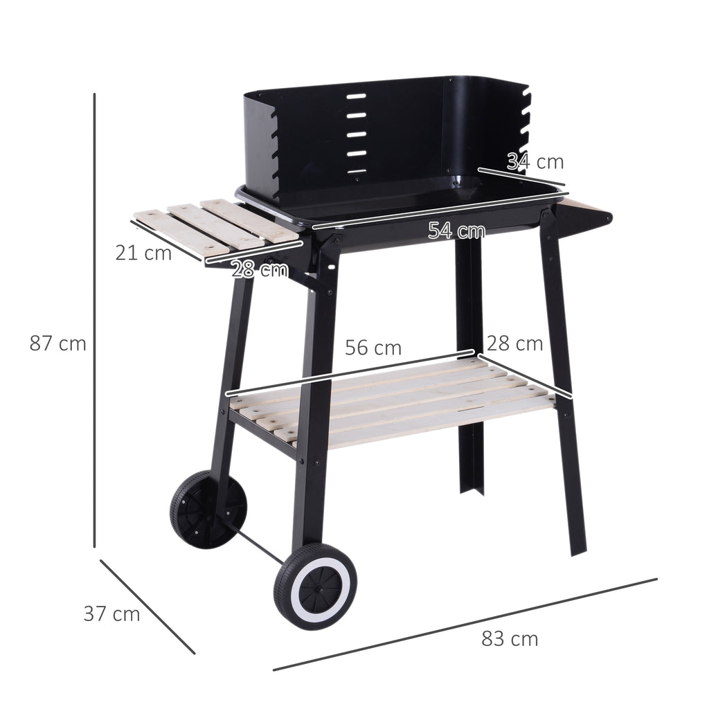 Barbecue a Carvão com Grelha Ajustável em Altura Prateleiras e Rodas para Jardim Exterior Campismo 83x45x87 cm Preto — foto 3