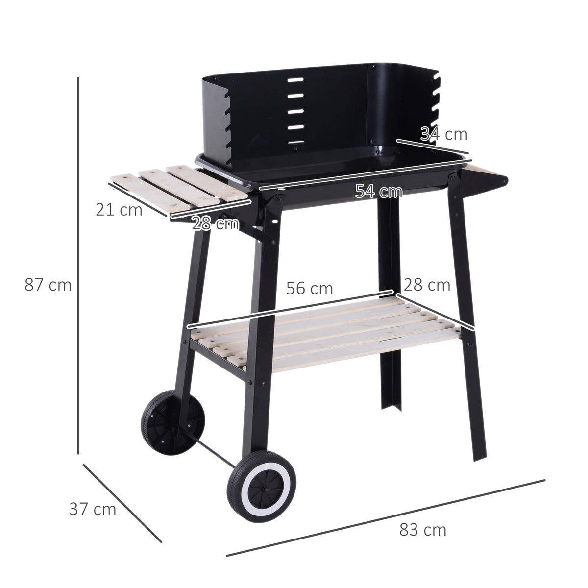 Barbecue a Carvão com Grelha Ajustável em Altura Prateleiras e Rodas para Jardim Exterior Campismo 83x45x87 cm Preto — foto 3