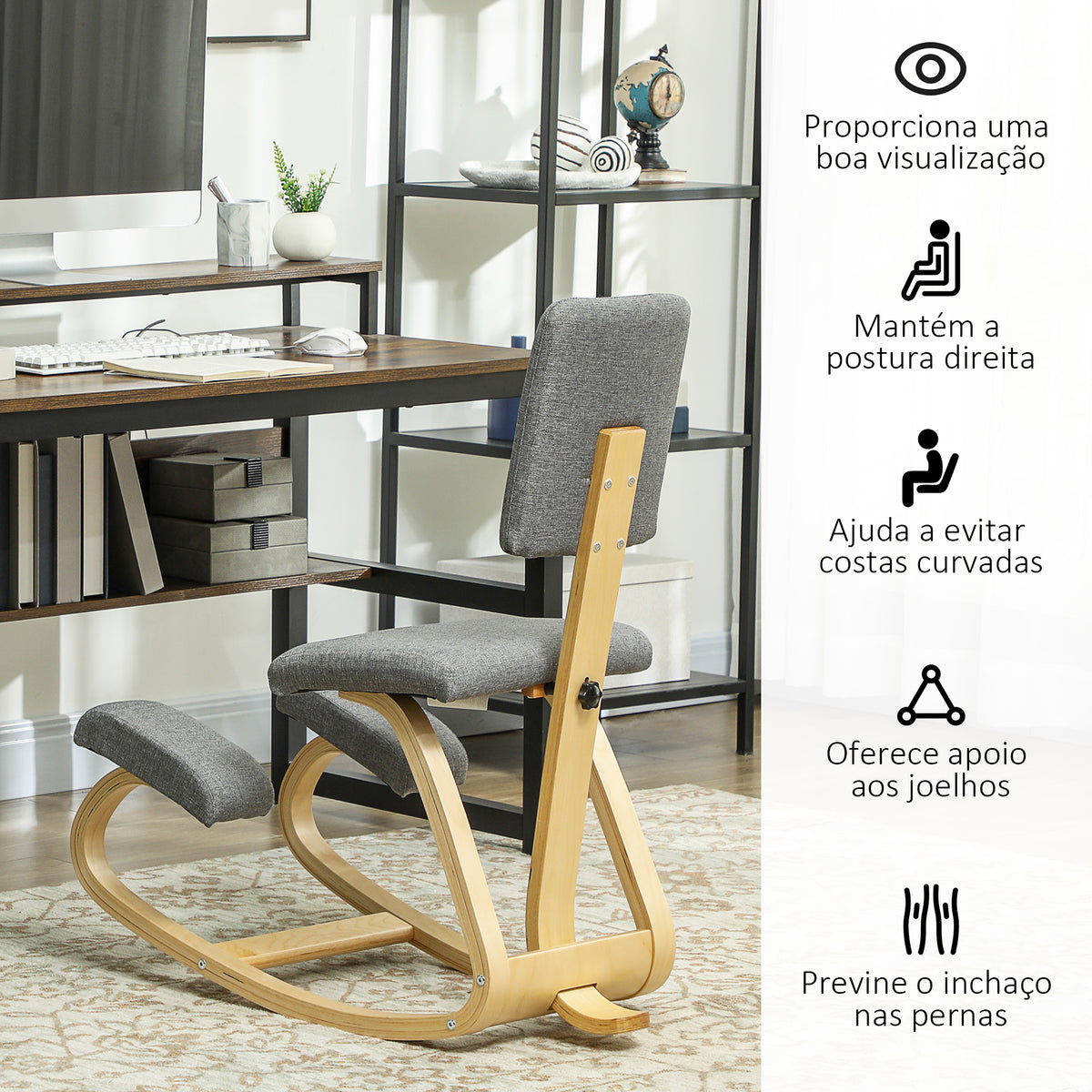 Cadeira Ergonómica de Joelhos com Encosto Almofadas Acolchoadas Estrutura de Madeira para Melhor Postura Escritório 51x84x93 cm Cinzento — foto 5