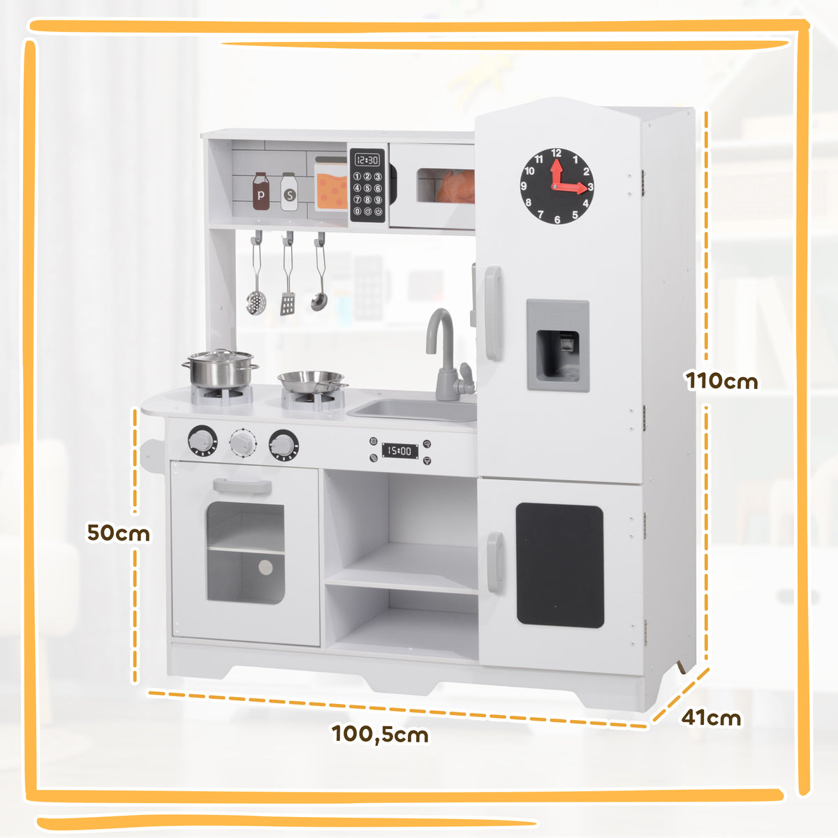 Cozinha de Madeira para Crianças acima de 3 Anos Cozinha Infantil com Fogão Lavatório Micro-Ondas Relógio Máquina de Gelo e Acessórios 100,5x41x110 cm Branco — foto 3