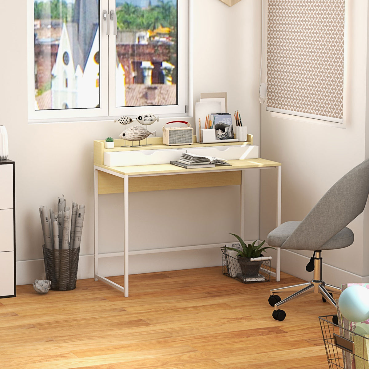 Secretária Moderna Mesa para Escritório Mesa de Computador com Estante de Armazenamento e 2 Gavetas Removíveis 106x50x89 cm Branco — foto 2