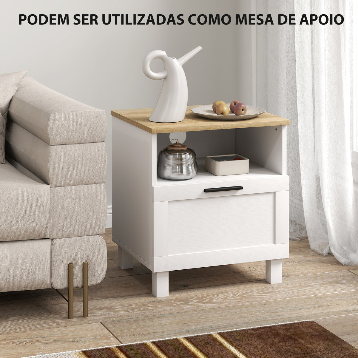 Conjunto de 2 Mesas de Cabeceira Modernas Mesas de Cabeceira com Gaveta Compartimento Aberto Pés de Madeira Mesa Auxiliar para Sala Dormitório 45x38x50 cm Branco — foto 6
