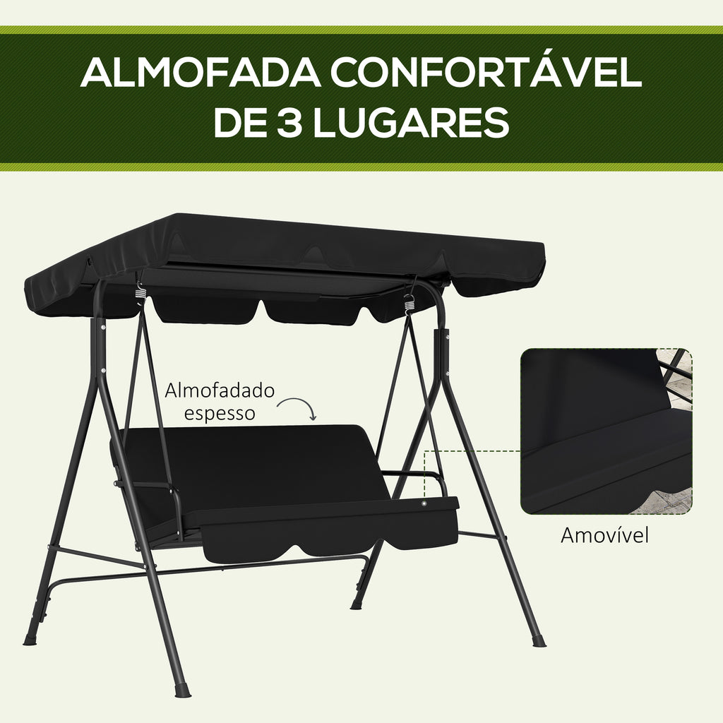 Baloiço de Jardim de 3 Lugares com Almofada Toldo Ajustável e Estrutura de Aço para Balcão Terraço Patio Carga Máx. 200 kg 172x110x153 cm Preto — foto 7