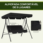 Baloiço de Jardim de 3 Lugares com Almofada Toldo Ajustável e Estrutura de Aço para Balcão Terraço Patio Carga Máx. 200 kg 172x110x153 cm Preto — foto 7