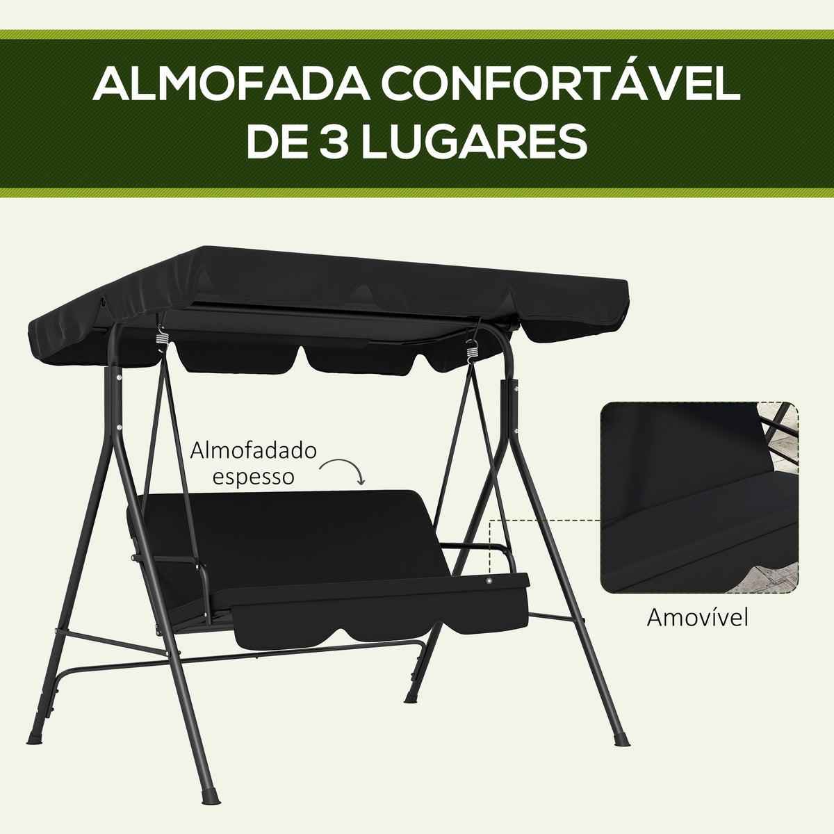 Baloiço de Jardim de 3 Lugares com Almofada Toldo Ajustável e Estrutura de Aço para Balcão Terraço Patio Carga Máx. 200 kg 172x110x153 cm Preto — foto 7
