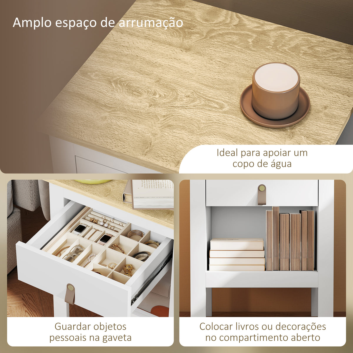 Mesa de Cabeceira Moderna Mesa de Cabeceira com 1 Gaveta Compartimento Aberto Puxador de PU Mesa Auxiliar para Sala ou Quarto 45x40x55 cm Branco — foto 4