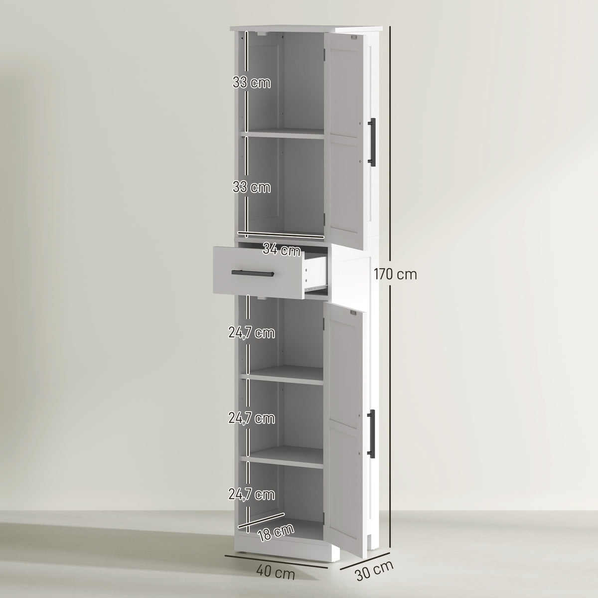 Coluna de Casa de Banho com 2 Portas 1 Gaveta e 2 Prateleiras Ajustáveis Armário Alto de Casa de Banho Estreito Estilo Rústico 40x30x170 cm Branco — foto 3