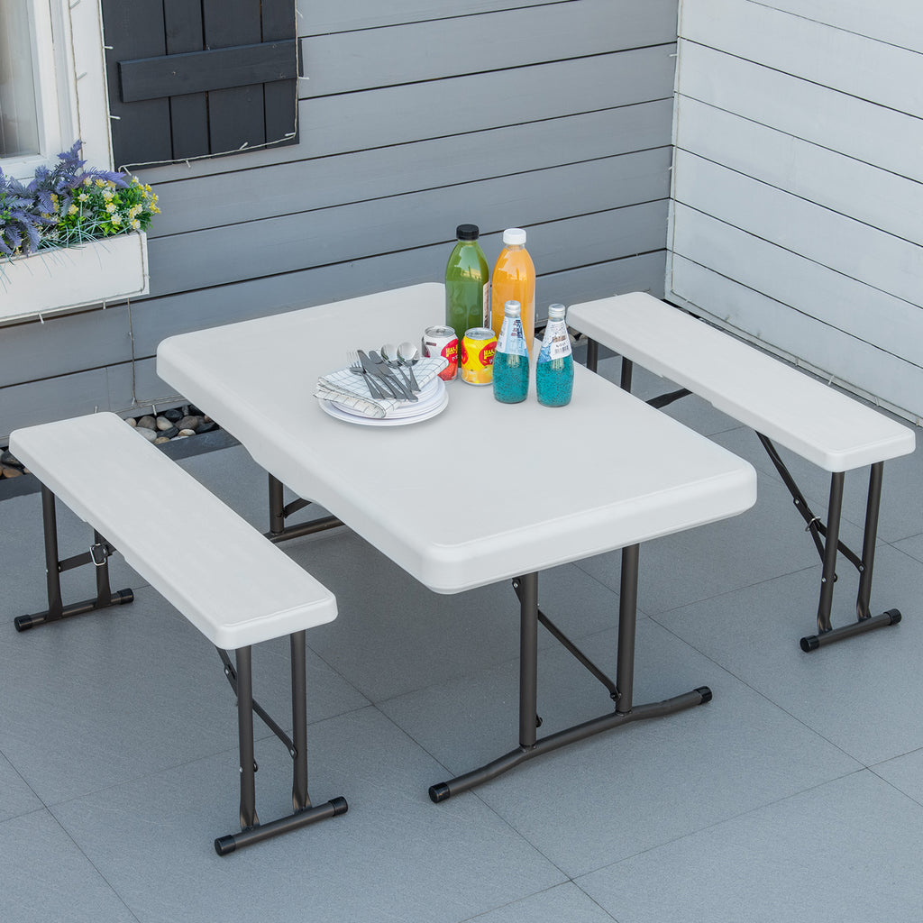 Conjunto de Mesa e 2 Bancos Dobráveis de Jardim Mesa de Campismo Portátil Mesa de 103x63x73cm e Bancos de 84,5x20x40cm Branco — foto 2