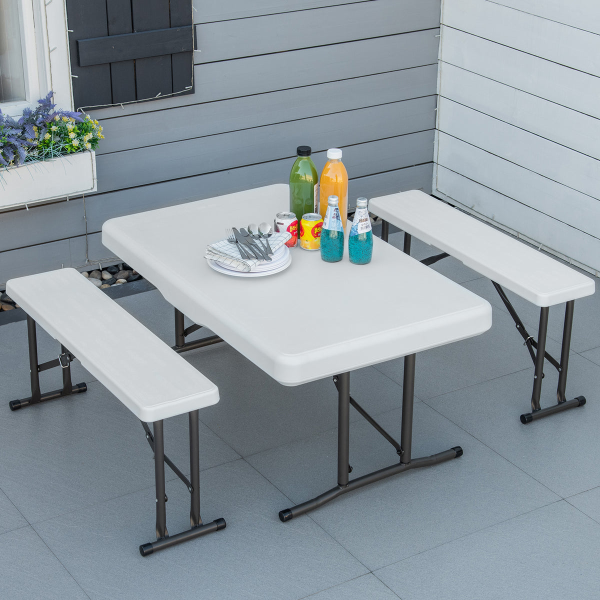 Conjunto de Mesa e 2 Bancos Dobráveis de Jardim Mesa de Campismo Portátil Mesa de 103x63x73cm e Bancos de 84,5x20x40cm Branco — foto 2