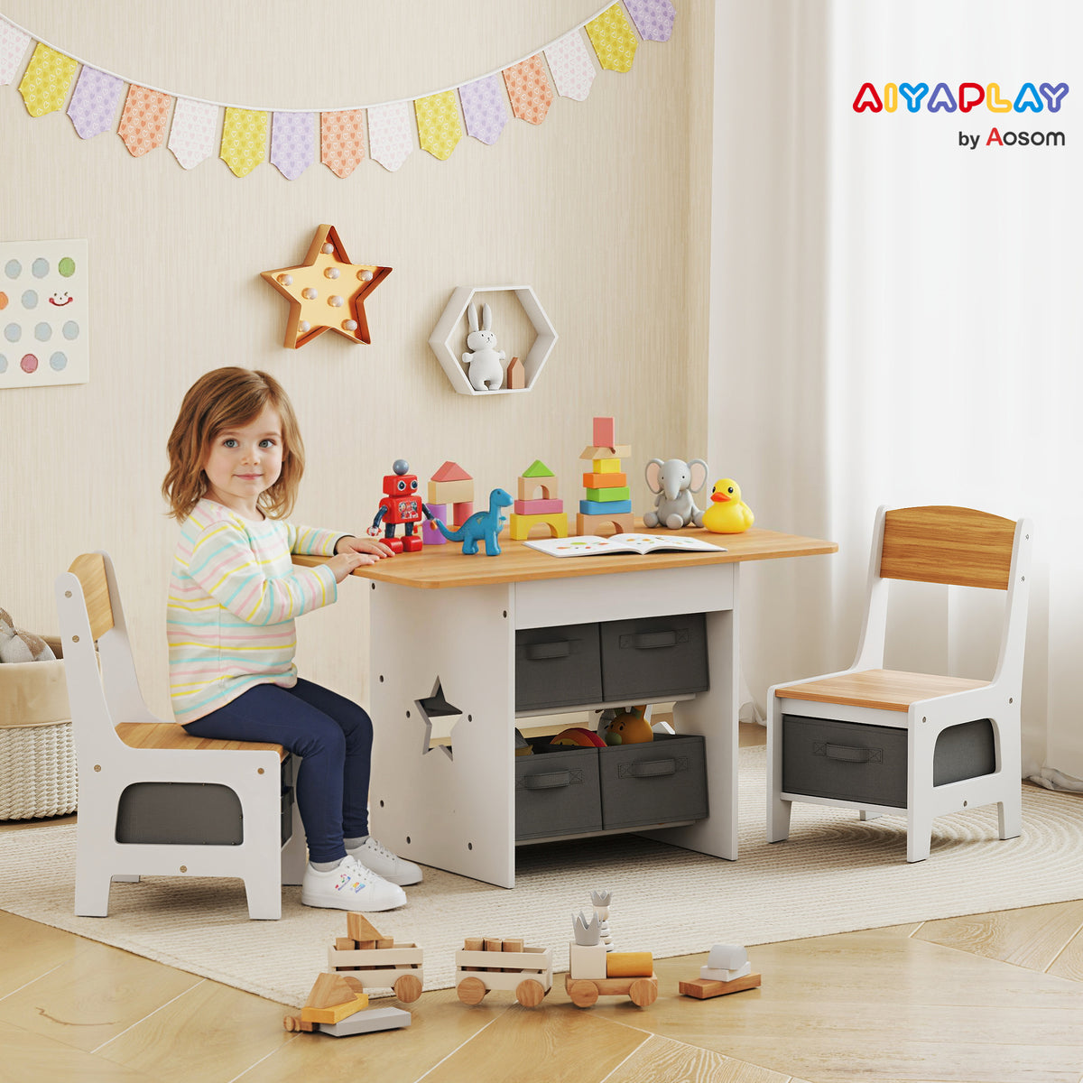 Mesa Infantil com 2 Cadeiras Mesa e Cadeiras para Crianças com 6 Gavetas de Tecido Desenho Estrelas para Meninos e Meninas de 3-8 Anos para Casa Escola Infantil Salas de Aula Madeira e Branco — foto 2