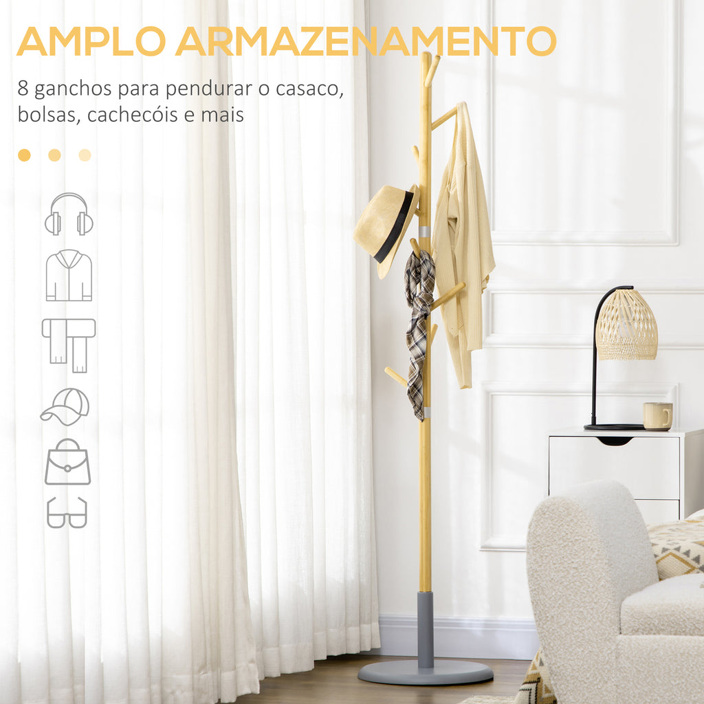 Cabide de Pé de Bambu Cabide de Pé Moderno com 8 Ganchos para Roupas Bolsas Cabide em Forma de Árvore para Entrada Dormitório Ø37,8x175,6 cm Madeira e Cinza — foto 5