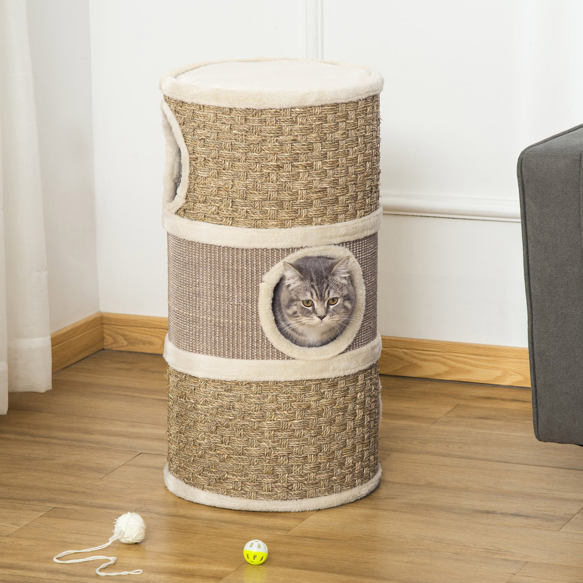 Torre Arranhadora para Gatos de 3 Níveis, Altura 70 cm, Cama para Gatos com Sisal, Móvel Arranhador, Ø37,5x70 cm, Caqui e Castanho — foto 2