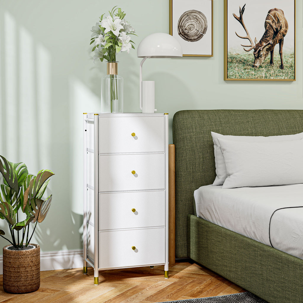 Cómoda para Dormitório Cómoda de Tecido com 4 Gavetas Dobráveis com Frentes de Couro PU e Estrutura de Aço Cómoda para Dormitório 46x30x98 cm Branco — foto 2