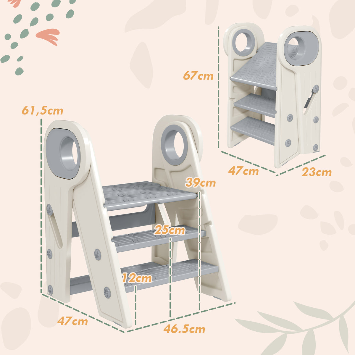 Banco para Crianças Dobrável Torre de Aprendizagem Escada para Crianças de 18-60 Meses Antiderrapante para Casa de Banho Cozinha Dormitório 46,5x47x61,5 cm Cinza e Branco — foto 3