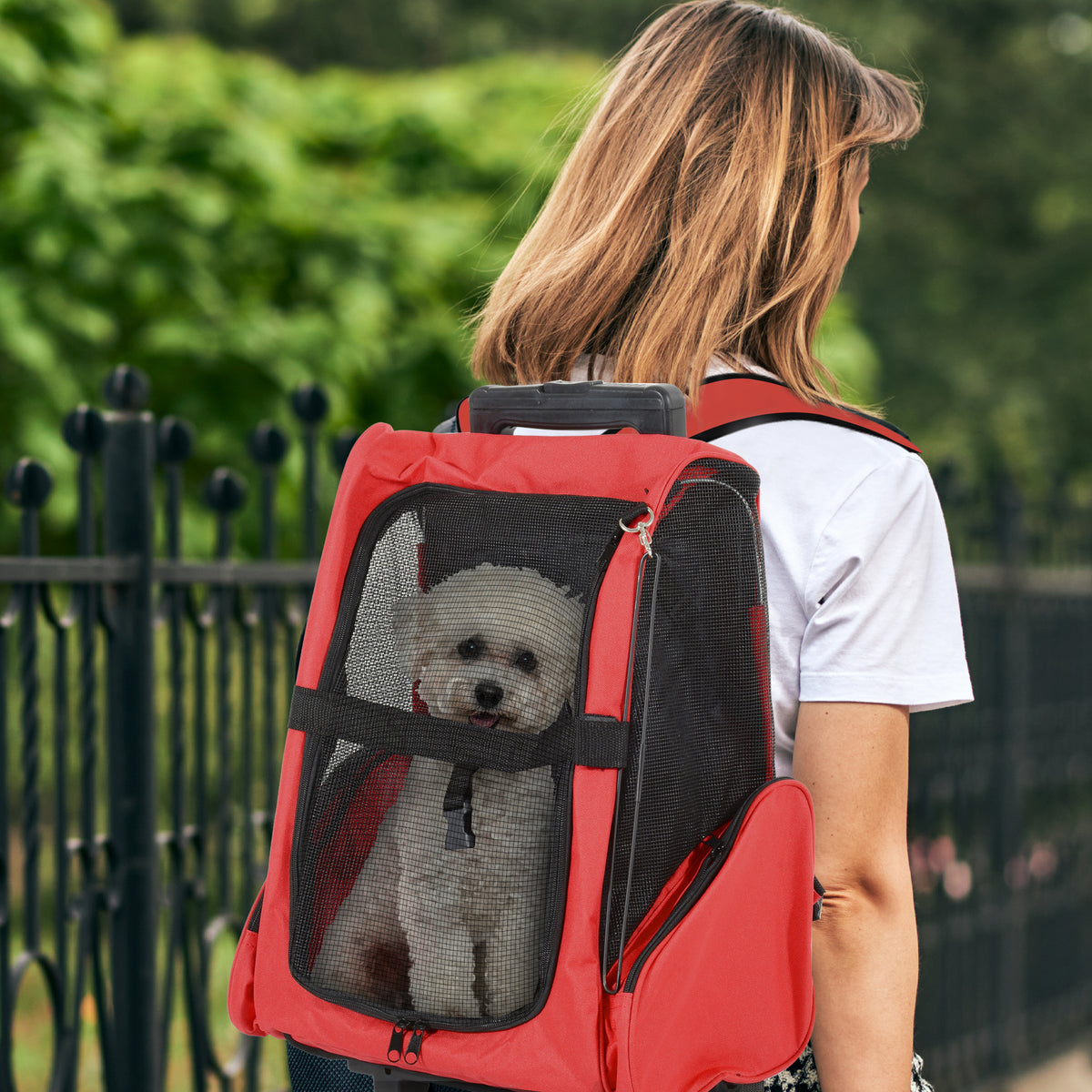 Transportadora 2 em 1 para Animais de Estimação Mochila ou Carrinho de Viagem para Cães e Gatos com 2 Rodas Alça Retrátil de Alumínio e Bolso de Armazenamento 42x25x55cm Vermelho — foto 2