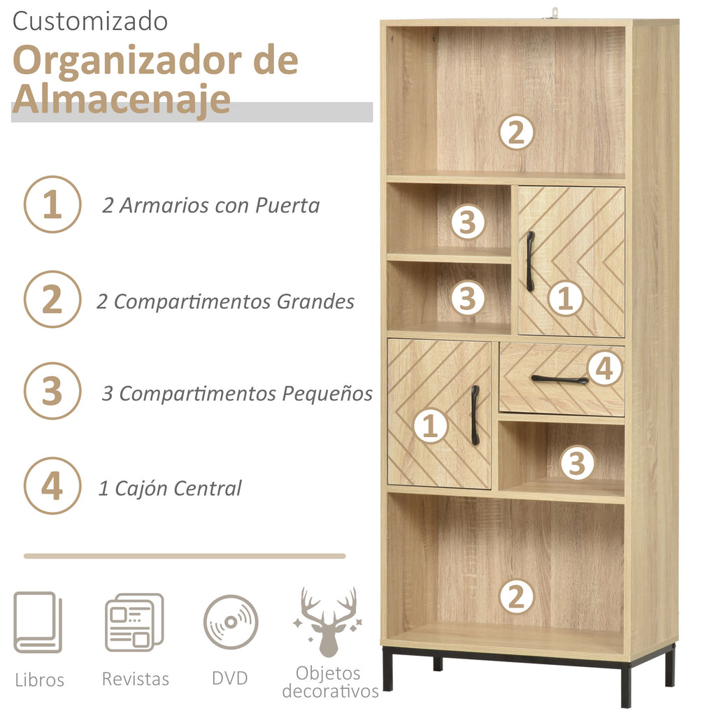 Armário prateleira com 5 compartimentos Gaveta 2 Armários com portas Dispositivo Anti-Tombamento 60x30x150 cm Madeira Natural — foto 4