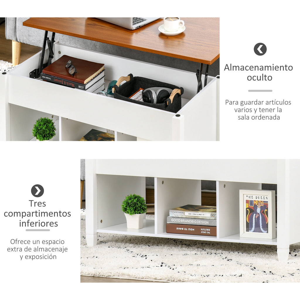 Mesa de Centro com Bancada Elevável Mesa de Centro com 3 Compartimentos Abertos Mesa Retangular Moderna para Sala de Estar 105x50x48cm Branco e Marrom — foto 5