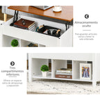 Mesa de Centro com Bancada Elevável Mesa de Centro com 3 Compartimentos Abertos Mesa Retangular Moderna para Sala de Estar 105x50x48cm Branco e Marrom — foto 5