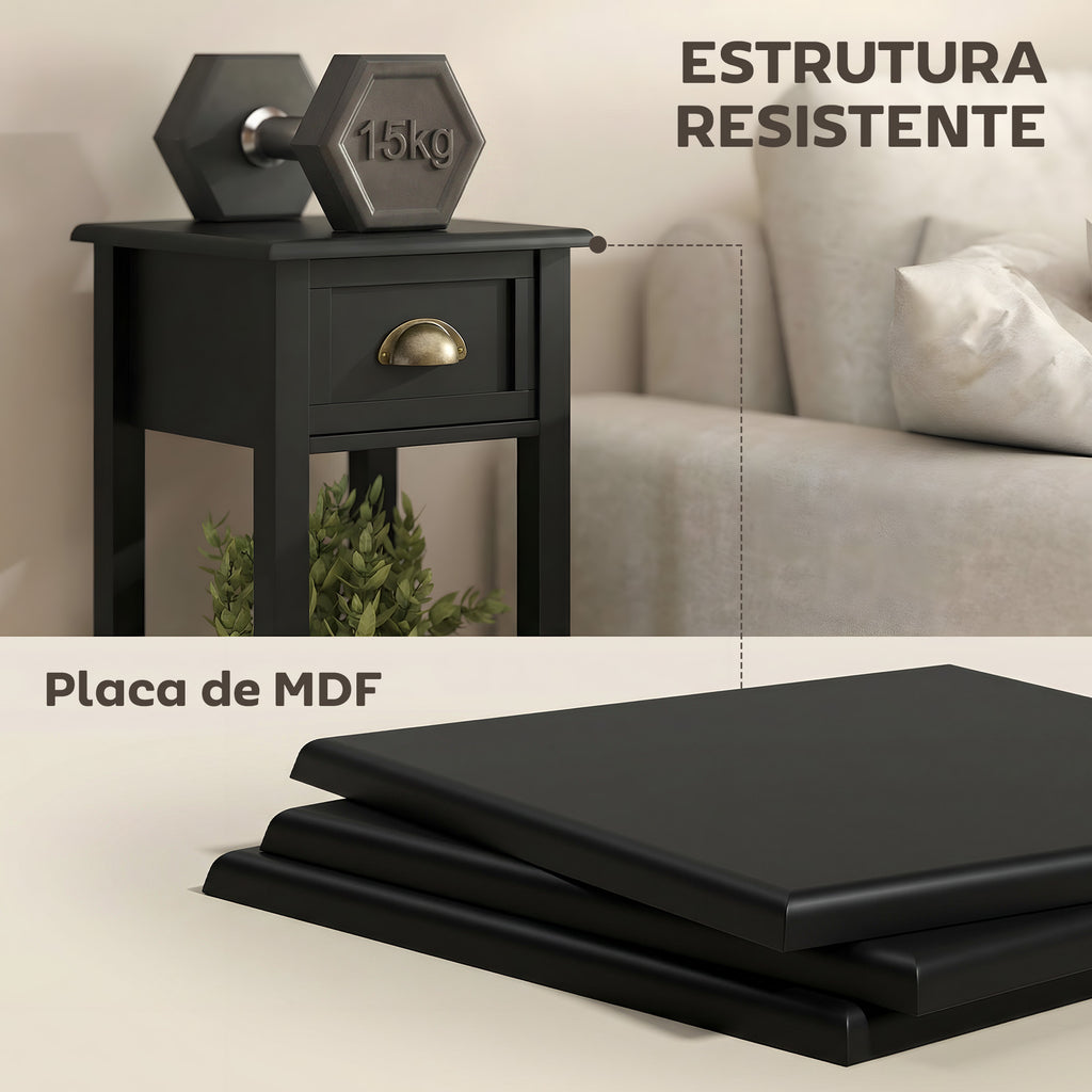 Mesa Auxiliar Mesa de Cabeceira com Gaveta e Prateleira de Armazenamento Estilo Moderno para Sala de Estar Dormitório 30x30x75 cm Preto — foto 6