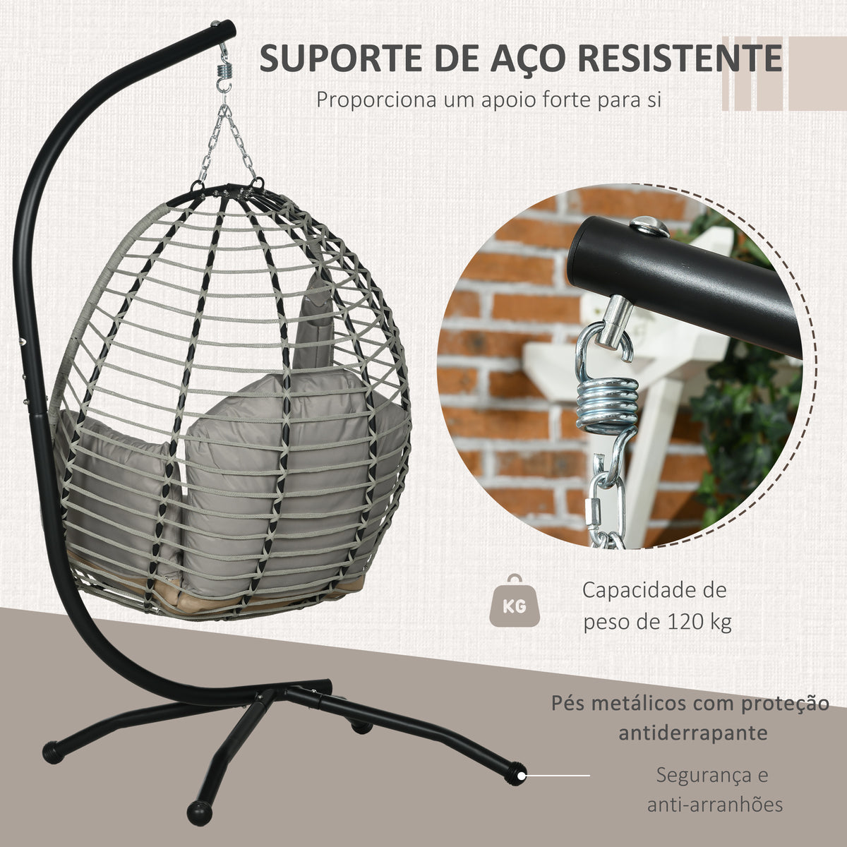 Cadeira Supensa com Suporte Cadeirão Suspenso de Jardim com Cesta Dobrável Almofada e Apoio para a Cabeça Cadeira Suspensa para Interior e Exterior Carga 120 kg 110x100x188 cm Cinza e Preto — foto 4