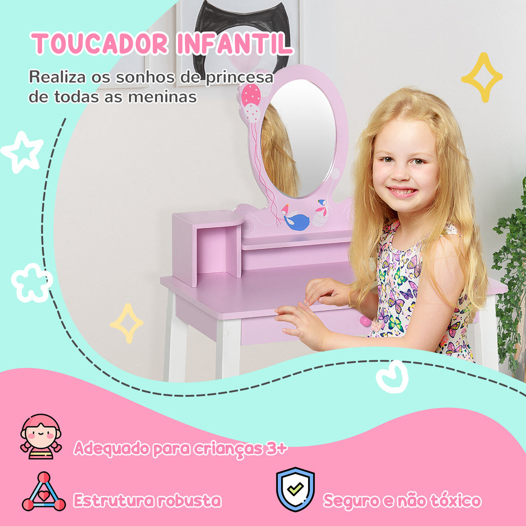 Penteadeira Infantil com Banco e Espelho Tipo Princesa Mesa de Maquilhagem de Madeira Rosa Brinquedo para Meninas 3+ Anos 60x34x93 cm — foto 5