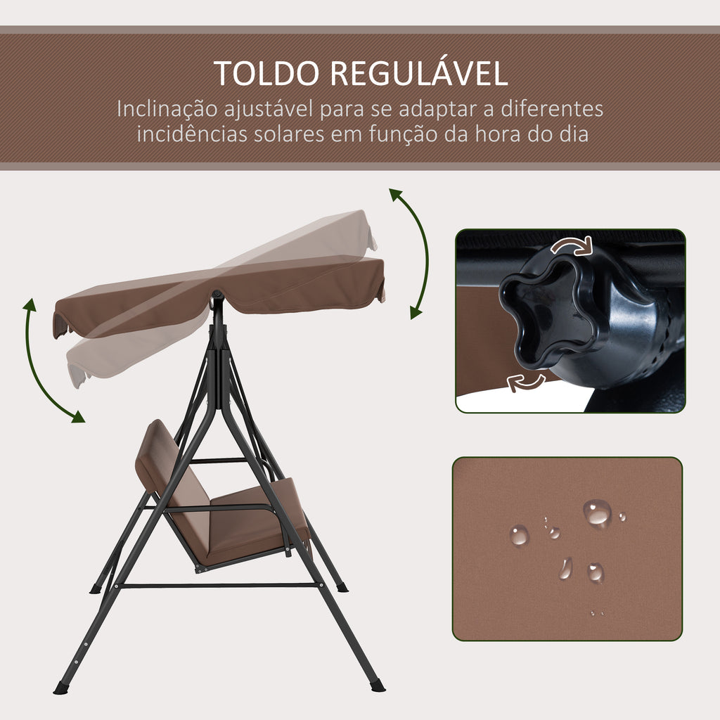 Baloiço de Jardim de 3 Lugares com Almofada Toldo Ajustável e Estrutura de Aço para Balcão Terraço Patio Carga Máx. 200 kg 172x110x153 cm Marróm — foto 4