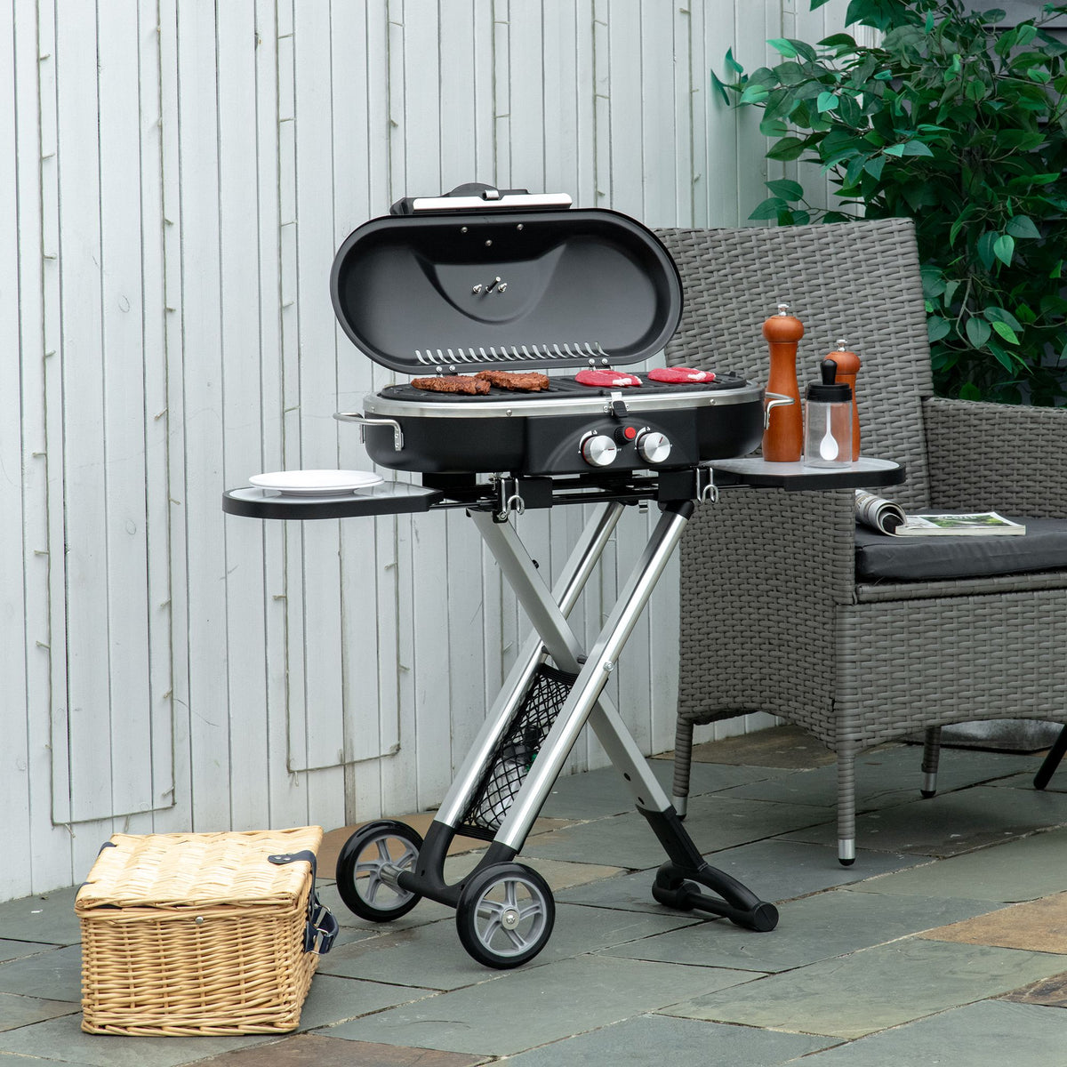 Barbecue a Gás Dobrável com 2 Queimadores 2,34 KW Barbecue a Gás com 2 Rodas 2 Grelhas Metálicas e 2 Mesas Laterais para Piquenique Campismo 100x41,6x82,5 cm Preto — foto 2