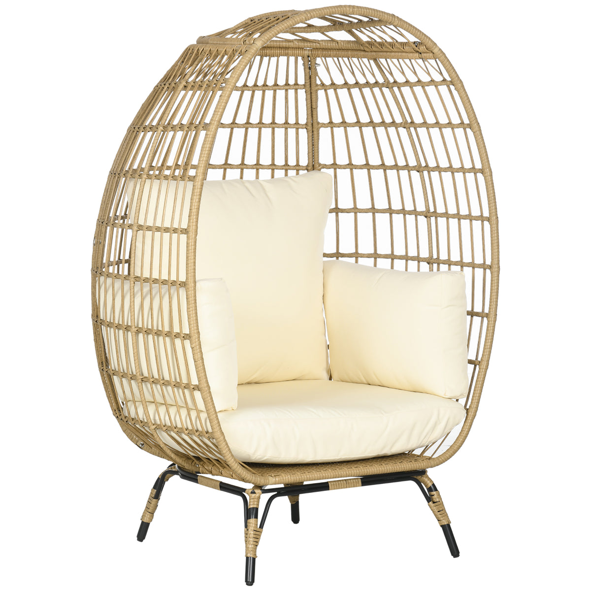Poltrona em formato de cesto com aparência de rattan, almofadas macias, estrutura em alumínio, kaki+bege, 105 x 90 x 148 cm — foto 1