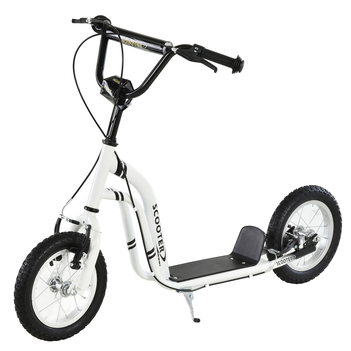 Trotinete para Crianças 5-12 Anos Rodas 12" Patinete Travões Duplos Altura Ajustável e descanso Lateral 100 Kg Aço Branco — foto 1