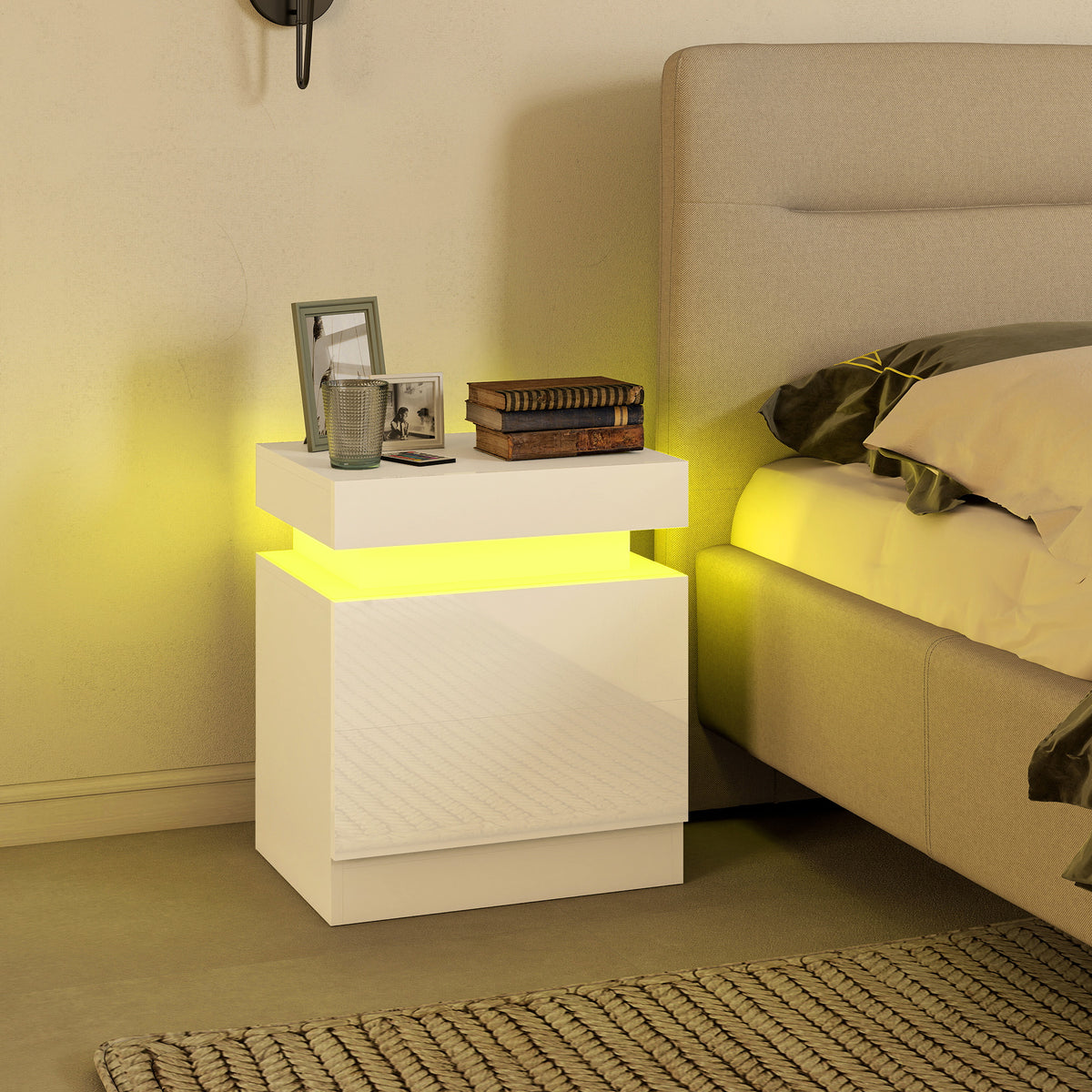 Conjunto 2 Mesas de Cabeceira LED a 16 Cores e 4 Modos com 2 Gavetas em Madeira 45x35x52 cm Branco Brilhante — imagem 4
