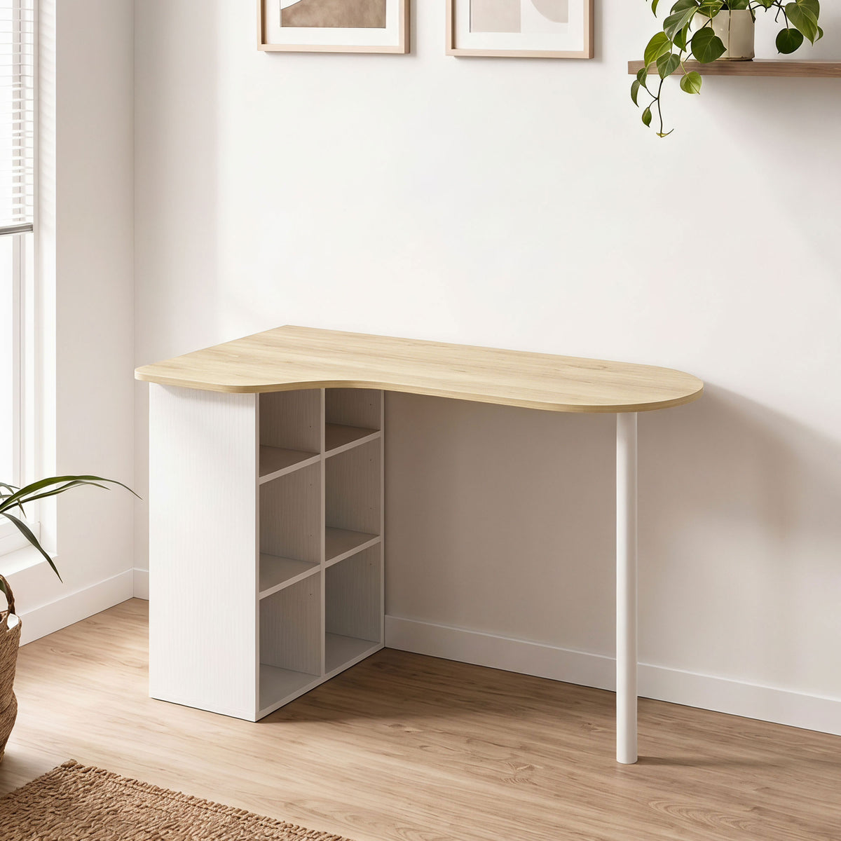 Secretária Irregular Mesa de Computador 100x59 cm com 6 Compartimentos 4 Prateleiras Ajustáveis e Estrutura em Aço Carvalho — imagem 3